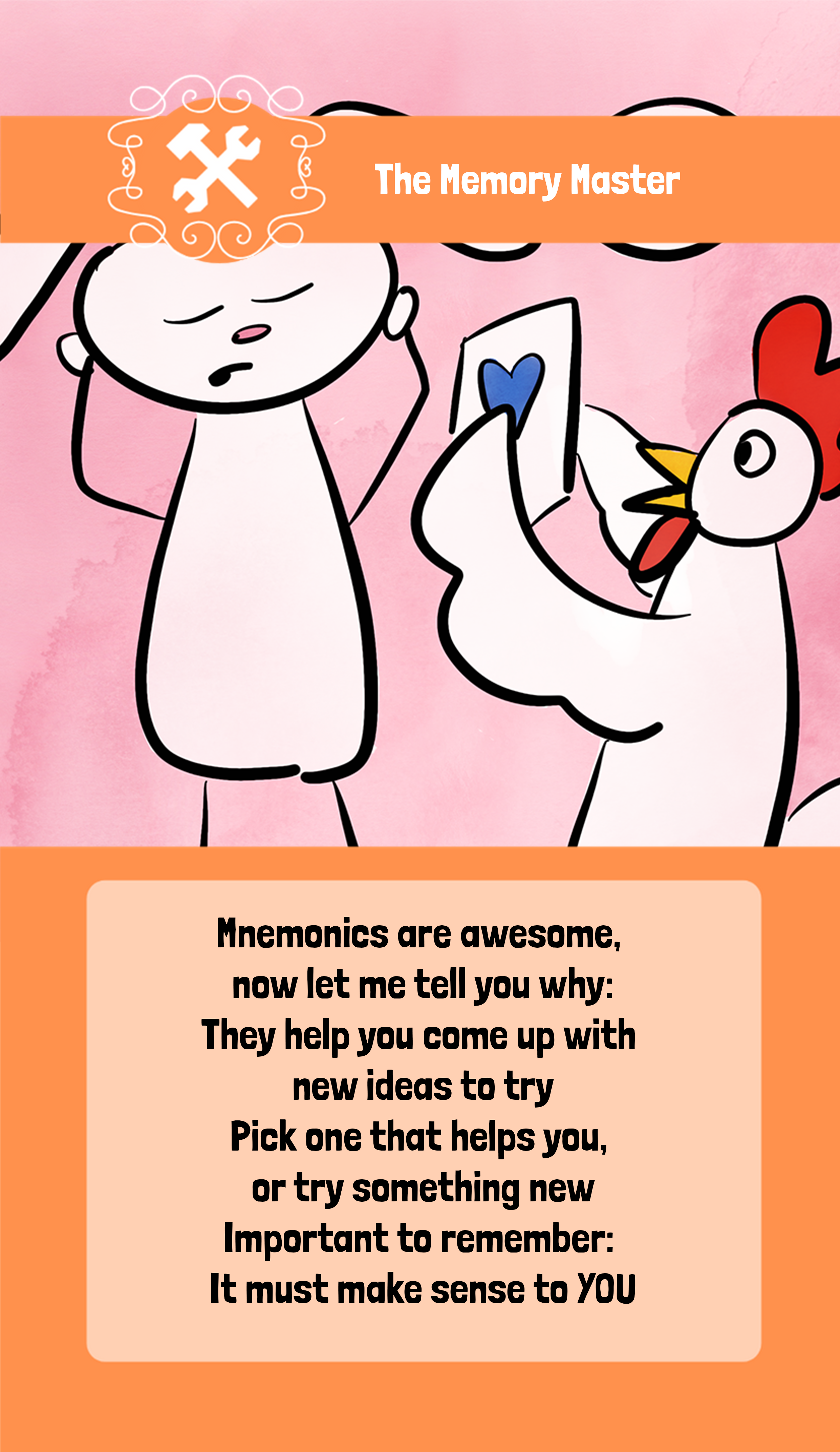 Picture of a chicken holding up a card with a blue heart, while a rabbit tries to guess the card