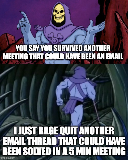 2 part picture with Skeletor. The first one saying "You say you survived another meeting that could have been an email". The second one saying "I just rage quit another email thread that could have been solved in a 5 min meeting"